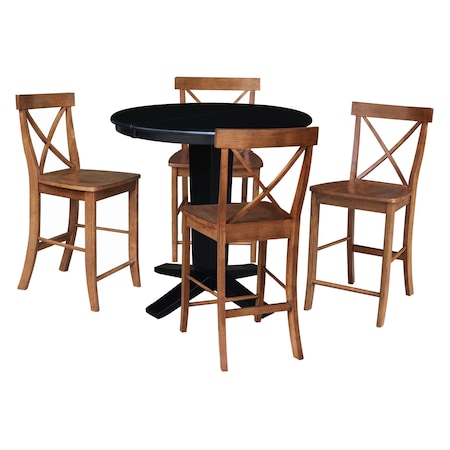 International Concepts 36 in. Solid Wood Round Extension Dining Table with 4 Counter Height Stools in Black/Distressed Oak K46-36RXT-23S4261324